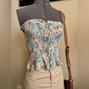ARO Blue Grey Floral Smocked Button Tube Top Tank M